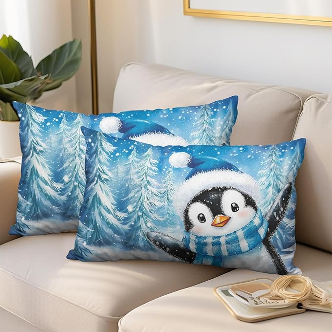 Winter Blue Outdoor Pillow Covers 12x20 Set of 2 Christmas Penguin Snowflake Lumbar Throw Pillow Covers Xmas Winter Holiday Rectangle Pillow Cases for Farmhouse Living Room Decor