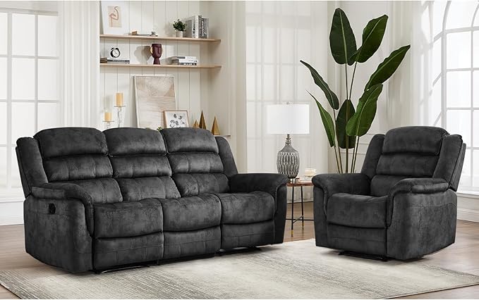 EBELLO 2 Pieces Reclining Couch Furniture Set, Soft Fabric Manual Recliner Sofa Home Theater Seating, Included Recliner Chair and 3 Seat Sofa, Grey