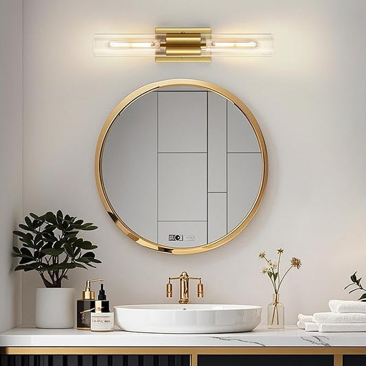 21" Brushed Gold Bathroom Light Fixtures Over Mirror,2-Light Gold Vanity Lights,Hardwired Vanity Lighting Fixtures Bathroom Lighting Fixtures Over Mirror for Bath Room E26 T10 Bulbs(Excluded)