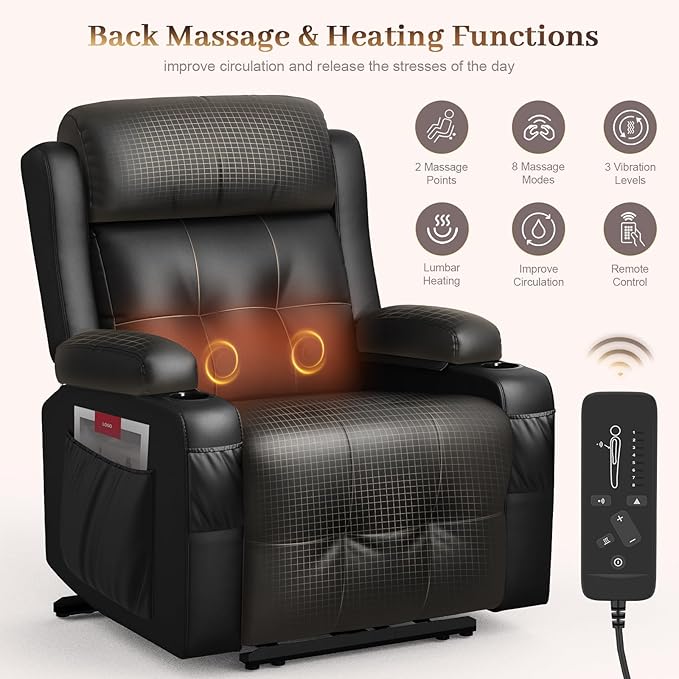 Extra Wide Seat Recliner Chair with Heat and Back Massage, Electric Power Oversized Reclining Chair Infinite Position with Storage Armrests & 2 Cup Holders for Living Room, Manual Recliners