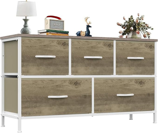 OLIXIS Dresser for Bedroom with 5 Drawers, Wide Chest of Drawers, Fabric Bedroom Dresser with Drawer Organizer, Storage Organizer Unit with Fabric Bins for Closet, Living Room, Hallway, Greige Oak