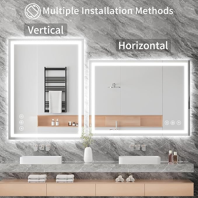 Simple Deluxe LED Bathroom Mirror 36x48 Inch Tempered Glass - Frameless LED Backlit Lighted Mirror for Bathroom Vanity with Anti-Fog, 3 Colors Dimmable, Memory Function, Wall-Mounted