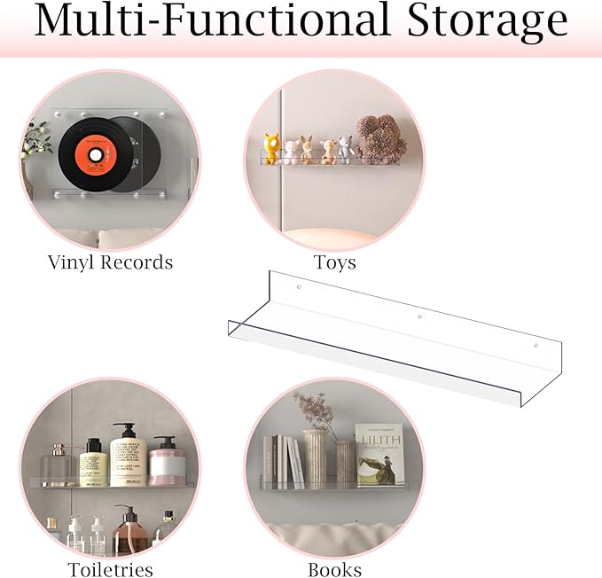 MEBRUDY Clear Acrylic Shelves Pack of 7, 15 inch Floating Wall Shelf for Bookshelves, Bathroom, Bedroom, Living Room, Kitchen Storage, Organization
