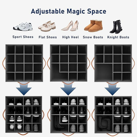 Shoe Organizer for Closet, Fabric Shoe Storage Bins with Clear Cover, Adjustable Dividers for Shoe Storage, Shoe Cube Organizer Fits up to 16 Pairs, Black 1-Pack