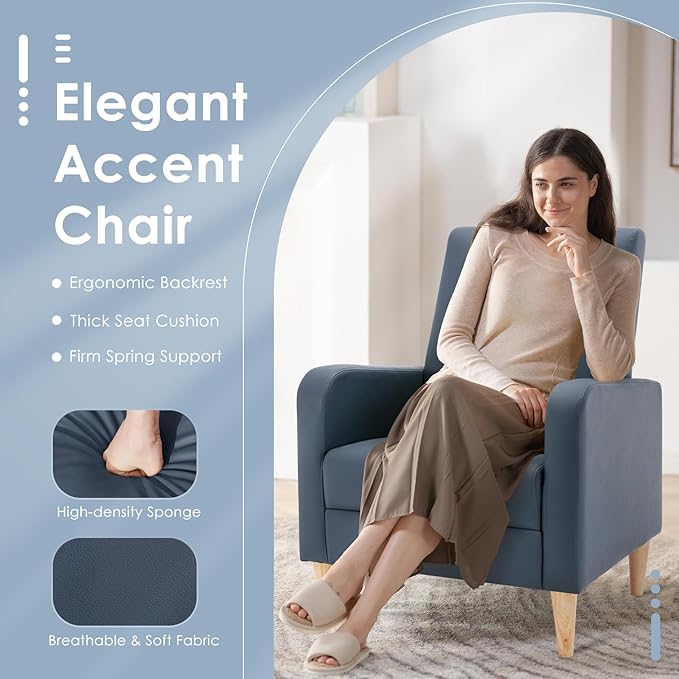 COLAMY Modern Upholstered Accent Chair Armchair with Pillow, PU Leather Reading Living Room Side Chair,Single Sofa with Wood Legs, L-Blue