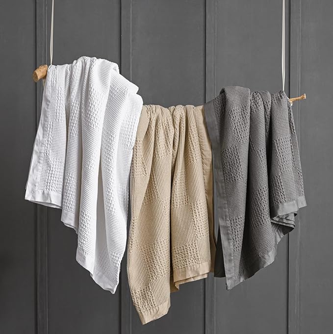 meadow park Cotton Waffle Blanket with Cotton Sateen Binding - King Size - Lightweight and Breathable - Washed Waffle Throw - Taupe Color.