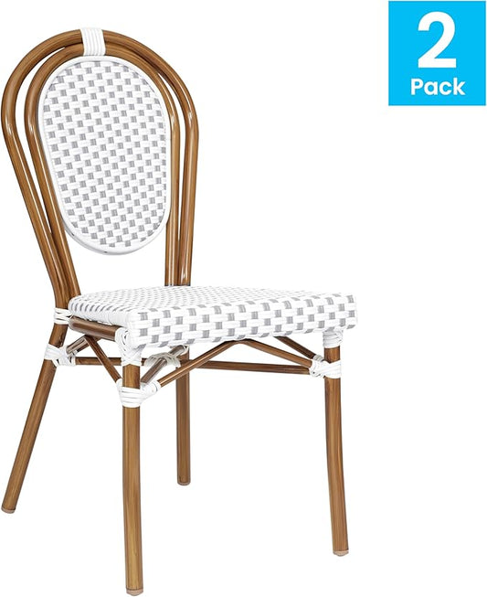 Flash Furniture Lourdes Indoor/Outdoor Commercial Thonet Bistro Stack Chair - White/Gray PE Rattan Back and Seat - Natural Bamboo Print Metal Frame - Set of 2