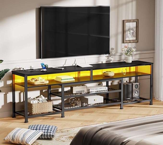 Furologee 71 Inch TV Stand with LED Lights, Entertainment Center with Power Outlets for 80 75 65 Inch TV, Media Console Table with Open Shelves, for Bedroom, Living Room, Black