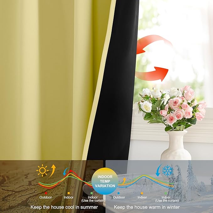 NICETOWN 100% Blackout Curtains for Patio Sliding Glass Door, Paler Yellow W52 x L84 Set of 2 Light Blocking & Soundproof Drapes,Rod Pocket Black Lined Window Treatment Panels