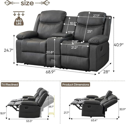 Loveseat Recliner Sofa, PU Leather Sofa Couch, Manual Recliner Loveseat with Console, Double Reclining RV Sofa with Cup Holders and Side Pocket for Living Room/Office/Apartment (Grey) | Heating & Massage, Hidden Drawer