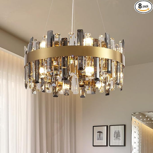Siljoy 12-Light Modern Crystal Chandelier Luxury Gold 2-Tiers K9 Crystal Raindrop Chandelier Pendant Ceiling Light Fixture for Living Dining Room Kitchen Island Bedroom Foyer D19.7''