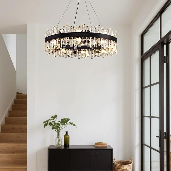 CROSSIO Modern Crystal Chandelier 16-Light Black Round 2 Tiers Raindrop Chandelier for Dining Room Luxury Large Flush Mount Ceiling Light for Living Room Entryway Foyer Bedroom D31.5''