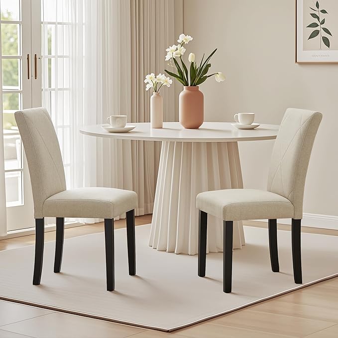 VECELO Upholstered Dining Chairs Set of 2, Modern Fabric and Solid Wood Legs & High Back for Kitchen/Living Room- Beige