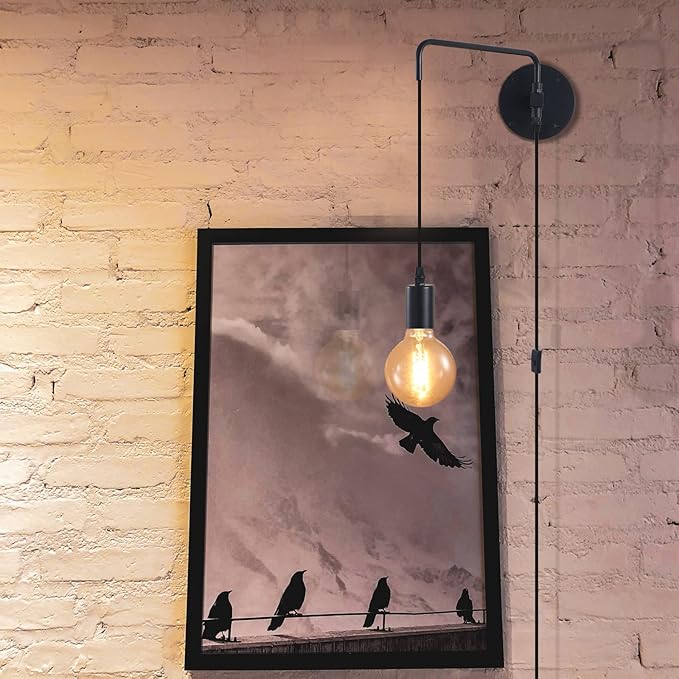Wall Lamp with Plug in Cord, Swing Arm Wall Sconces with On Off Switch in Cord, Metal Black Vintage Industrial Wall Mounted Light Fixture for Living Room Bedside Bedroom (1 Pack)