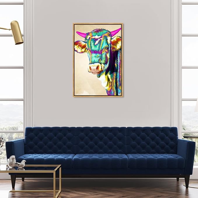 Country Farmhouse Canvas Print Painting Animal Wall Art 'Fun Colorful Glam Farm Cow' Gold Framed Canvas Rustic Home Décor 24x36 in Green, Pink by Oliver Gal