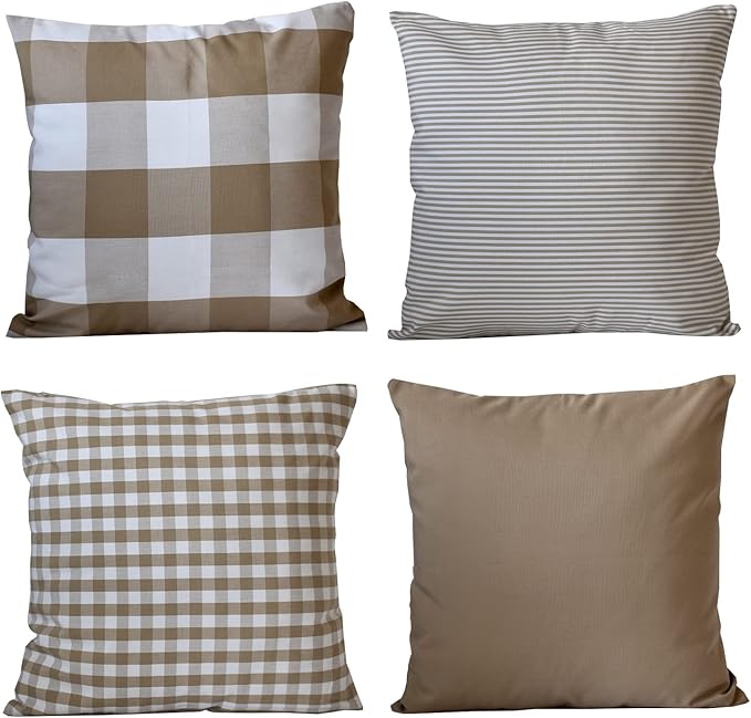 HOPLEE Farmhouse Pillow Cover Cushion Cover with Buffalo Plaid, Solid Beige, Striped and Gingham Plaid Design 16x16 Inches,4 Pack