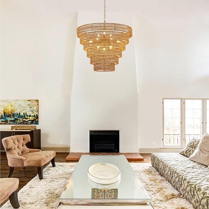 31.5” Large Boho Rattan Chandelier Light Fixture, 12-Light Golden Hand Woven Chandeliers 6-Tier Vintage Farmhouse Wicker Gold Chandelier for Dining Room, Kitchen, Bedroom, Living Room, Foyer