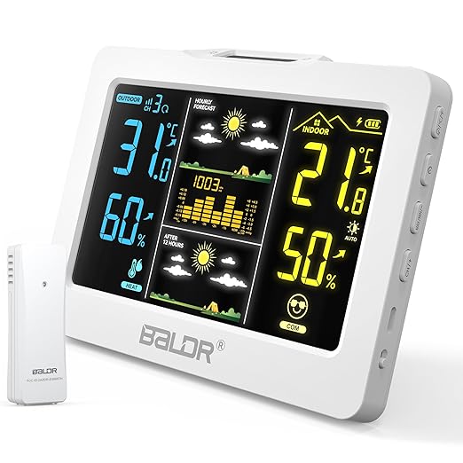 Wireless Weather Station with Outdoor Sensor, Indoor Outdoor Thermometer Hygrometer, HD Color Display, Smart Backlight, Rechargeable Battery Temperature Humidity Monitor