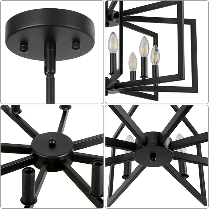 25.6" Black Chandelier for Dining Room, 8-Light Geometric Dining Room Light Fixture, Farmhouse Modern Chandeliers for Dining Room Living Room Foyer Stairway