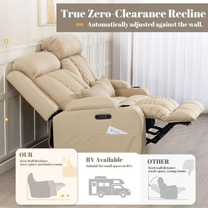 Zero Wall Hugger Power Reclining Sofa Set with Adjustable Headrest, Electric Reclining Couch with Drop-Down Table, Reclining Sofa and Loveseat Set for Living Room (Beige, Sofa+Loveseat)