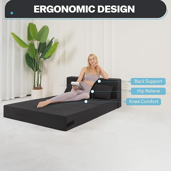 Fvkind Folding Sofa Bed, 4 in 1 Convertible Sleeper Sofa Bed Chair with Pillow, Twin Memory Foam Loveseat Futon Sleeper Chair, Foldable Futon Couch for Living Room, Bedroom, Guest Room, Dark Grey