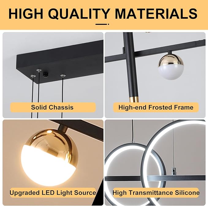 Modern LED Pendant Lights, Dimmable 39in Linear Wave LED Chandelier Lighting, Black & Gold Dining Room Hanging Light Fixtures Kitchen Island Globe Pendant Light for Dining Table (2704lm)