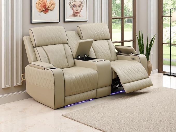 Power Reclining Sectional Sofa Set, Breathing Leather Sectional Power Recliner Loveseat with Cup Holders, Beige Reclining Loveseat with 2 Recliner Seats, Cup Holder, LED Light for Living Room