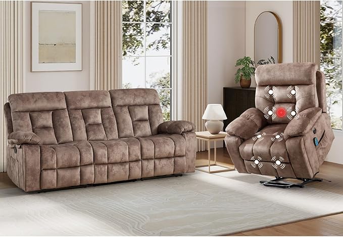 EBELLO 2 Piece Reclining Living Room Set, Soft Fabric Recliner Sofa Furniture Set, Included Power Lift Recliner Chair with Massage and Heat and 3 Seat Sofa, Brown