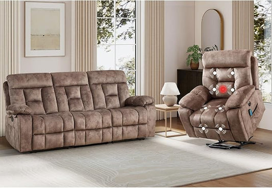 EBELLO 2 Piece Reclining Living Room Set, Soft Fabric Recliner Sofa Furniture Set, Included Power Lift Recliner Chair with Massage and Heat and 3 Seat Sofa, Brown