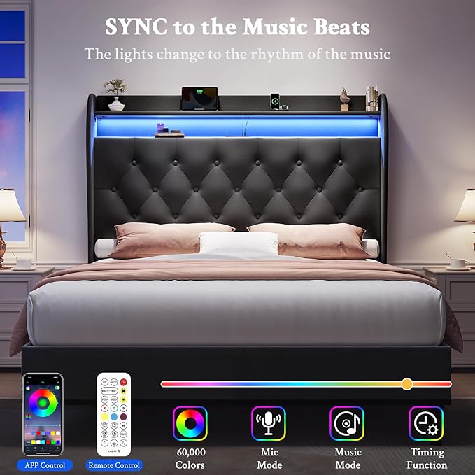 Queen Bed Frame with Tall Headboard, Velvet Upholstered Platform Bed with LED Lights & Charging Station, 52.7"-55" Adjustable/Modern Tufted Wingback Storage Headboard, No Box Spring Needed, Black