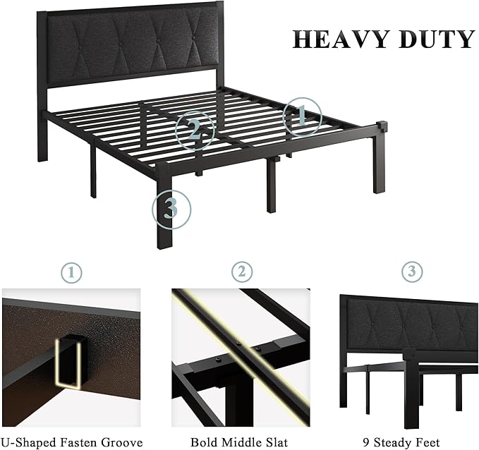 Feonase Full Size Metal Bed Frame with Fabric Button Tufted Headboard, Platform Bed Frame with Heavy Duty Metal Slats, 12" Storage Space, Noise Free, No Box Spring Needed, Dark Grey