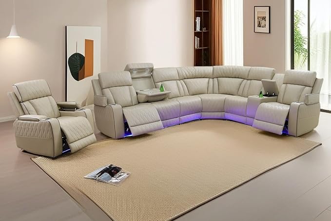 A Ainehome Furniture Reclining Sectional Sofa Set, Breathing Leather Furniture Set, L Shaped Recliner Couch with Storage Console for Living Room/Office/Home Theather(C-Beige)