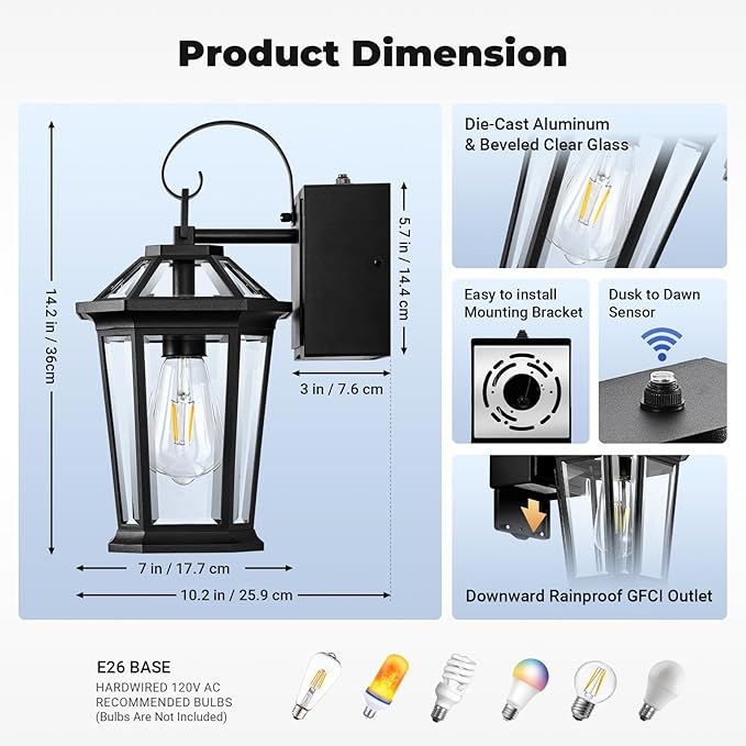 Black Dusk to Dawn Outdoor Light with GFCI Outlet, Modern Porch Lights Outdoor with Tempered Glass, Waterproof Anti-Rust Exterior Lighting Fixtures, Outside Wall Lights for Front Door,Garage,Backyard