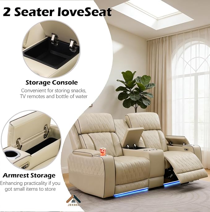 Power Reclining Sofa Set for Living Room, Leather Recliner Loveseat with Cup Holders, Storage Console for House/Home Teather(2 Seater Loveseat, Beige)
