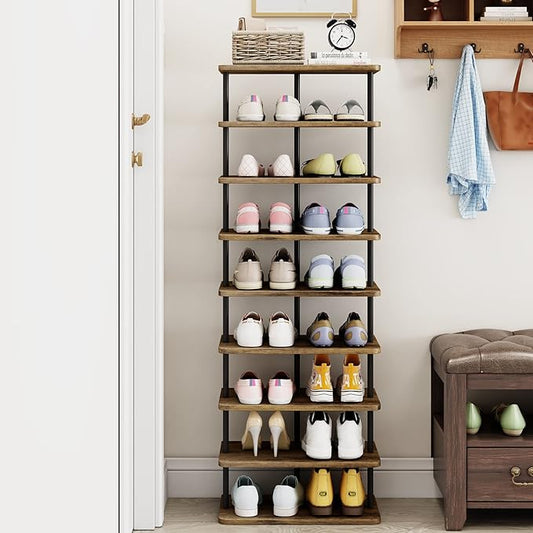 AZERPIAN Shoe Rack 9 Tier Vertical Storage Organizer Double Row Narrow Metal Slim Shelf Modern Free Standing Shoe Tower Saving Space for Closet Entryway Bedroom,Black+Rustic Brown