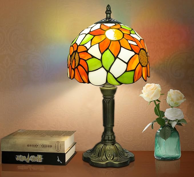 Crefotu Tiffany Style Table Lamp, 3 Color Temperatures Bedside Lamp, 8 Inch Stained Glass Desk Light for Home Office Bedroom Living Room (Sunflower Pattern)