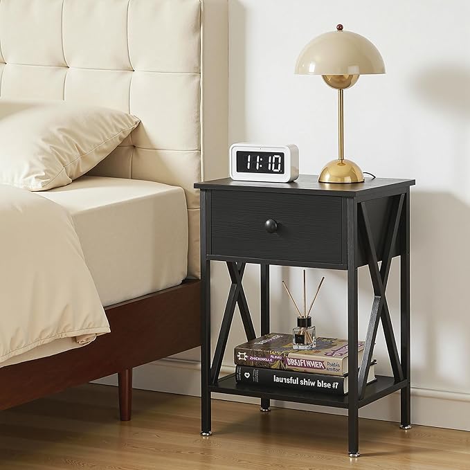 VECELO Night Stand with Drawer, 2 Tiers Storage Shelves End Table, Small Side Table for Small Spaces,Night Stand for Living Room, Bedroom, Black