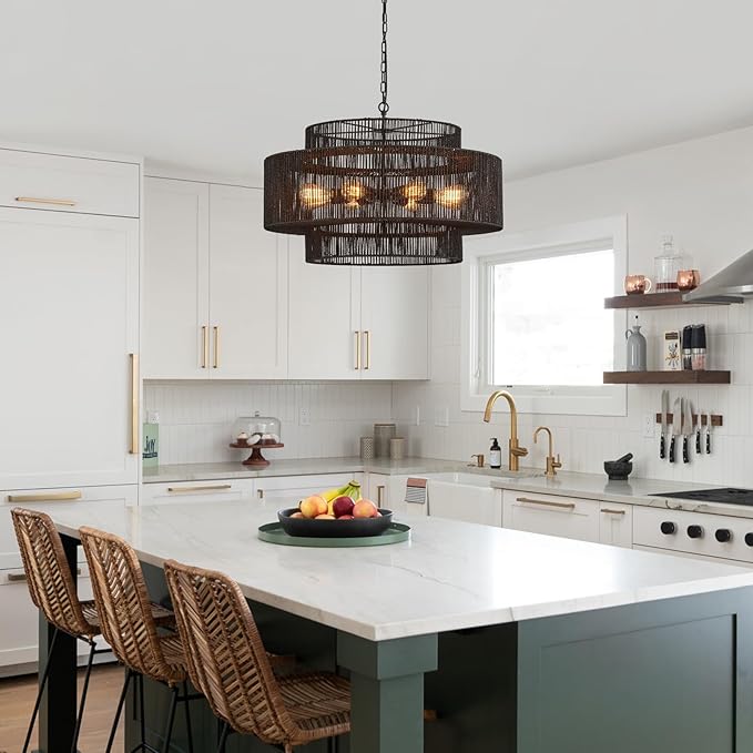 30" Large Hand-Woven Rattan 8-Light Farmhouse Boho Bamboo Chandeliers Light Fixture Retro 3-Tier Drum Wicker Rattan Black Chandelier for Dining Room, Kitchen Island, Bedroom
