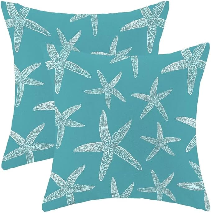 BETGINY Nautical Coastal Throw Pillow Cover 18X18 Inch Pack of 2,Summer Aqua Teal Turquoise Starfish Decorative Pillow Covers Square Linen Beach Ocean Pillow Cases Cushion for Couch Sofa Home Decor