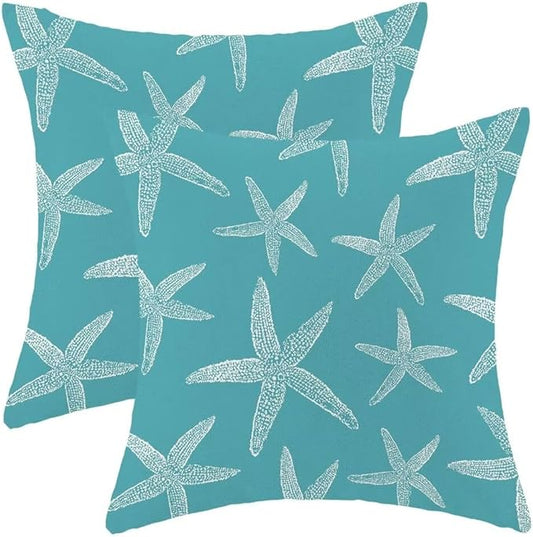 BETGINY Nautical Coastal Throw Pillow Cover 18X18 Inch Pack of 2,Summer Aqua Teal Turquoise Starfish Decorative Pillow Covers Square Linen Beach Ocean Pillow Cases Cushion for Couch Sofa Home Decor