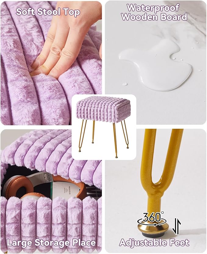 IBUYKE Rectangle Vanity Chair with Storage Space, Footrest Footstool Ottoman, Vanity Stool, Dressing Table Chair, with Anti-Slip Feet, for Makeup Room, Bedroom, Square Grid Pattern, Purple WBD004V