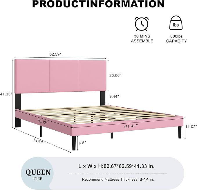 Queen Size Bed Frame with Upholstered Headboard, Sturdy Wood Slats, No Box Spring Required, Silent, Easy Assembly, Pink