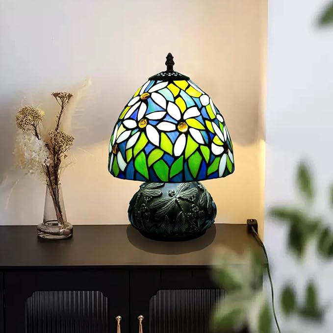 JHuiLap Small Tiffany Stained Glass Lamp, 3 Color Temperatures Bedside Lamp, 8 Inch Mushroom Desk Light for Bedroom Living Room Office Home Decor (White Flower Pattern)