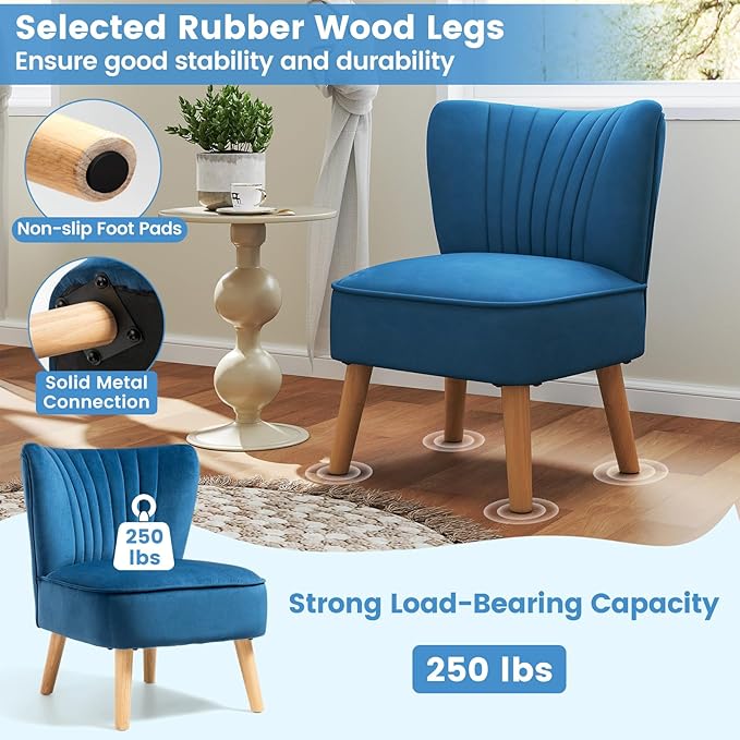 KOMFOTT Velvet Accent Chair, Modern Armless Sofa Chair with Solid Rubber Wood Legs, Wingback Leisure Chair with Thick Cushion, Upholstered Side Chair for Living Room, Bedroom, Blue