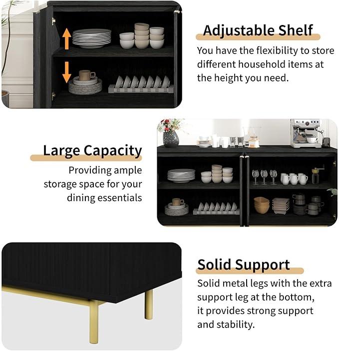 MUUEGM Sideboard Buffet Cabinet with Storage, 58" Large Kitchen Storage Cabinet with Shelves and 4 Fluted Doors, Modern Console Table for Kitchen, Dining Room, Hallway(Black)