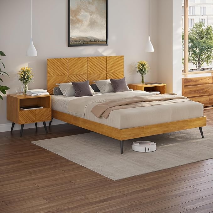 Bme Rhombus Queen Bed Frame – Solid Rubber Wood with Geometric Rhombus Headboard, Teak Brown Finish, Scandinavian Modern Platform Bed with Sturdy Slats & Metal Legs, No Box Spring Needed