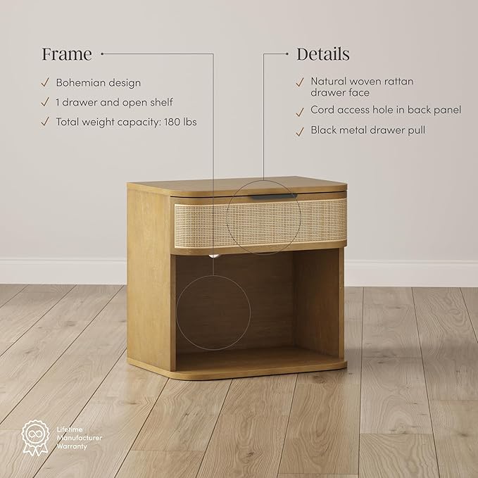 Nathan James Keith Farmhouse Bedside Table, Modern Coastal Nightstand, Rattan Nightstand with 1 Drawer for Bedroom, Light Brown