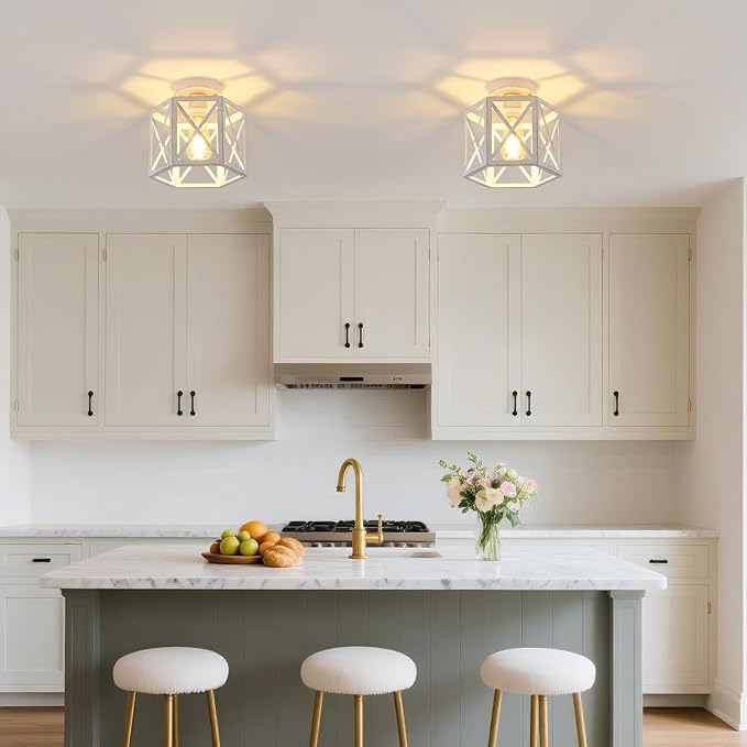 2 Pack White Semi Flush Mount Ceiling Light, Modern Hallway Light Fixture, Vintage Metal Hexagonal Ceiling Lamp for Kitchen Entryway Porch