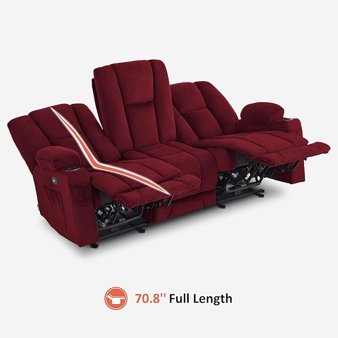 MCombo Zero Gravity 3 Seater Power Reclining Sofa with Heat and Vibration Massage, Recliner Couch for Living Room, Fabric 6035SET (Burgundy, 3 Seater)