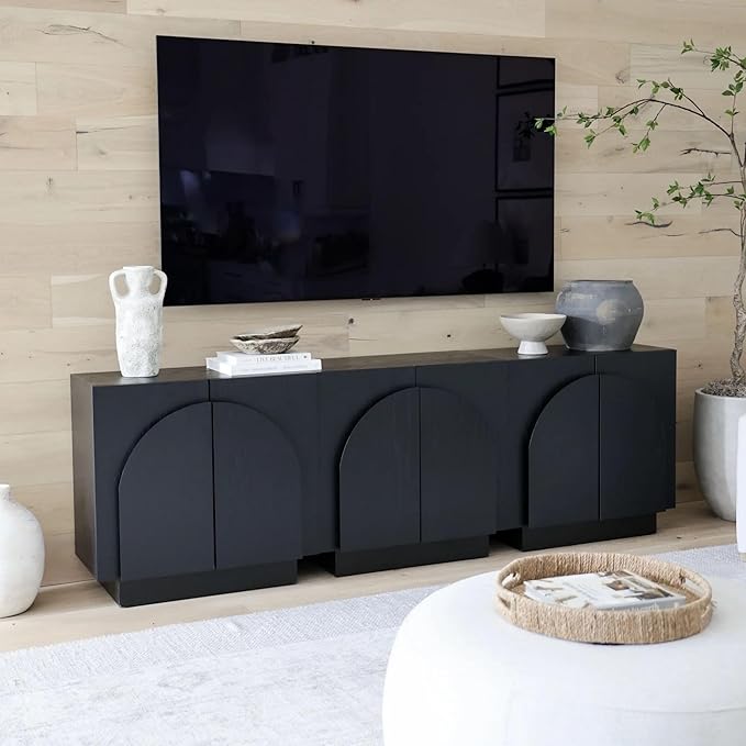 Nathan James Iris Mid-Century Modern Credenza, Black TV Stand, Living Room Wood Storage Cabinet with Arched Cabinet Doors, Black Credenza Cabinet for Kitchen or Living Room, Black Oak, Set of 3